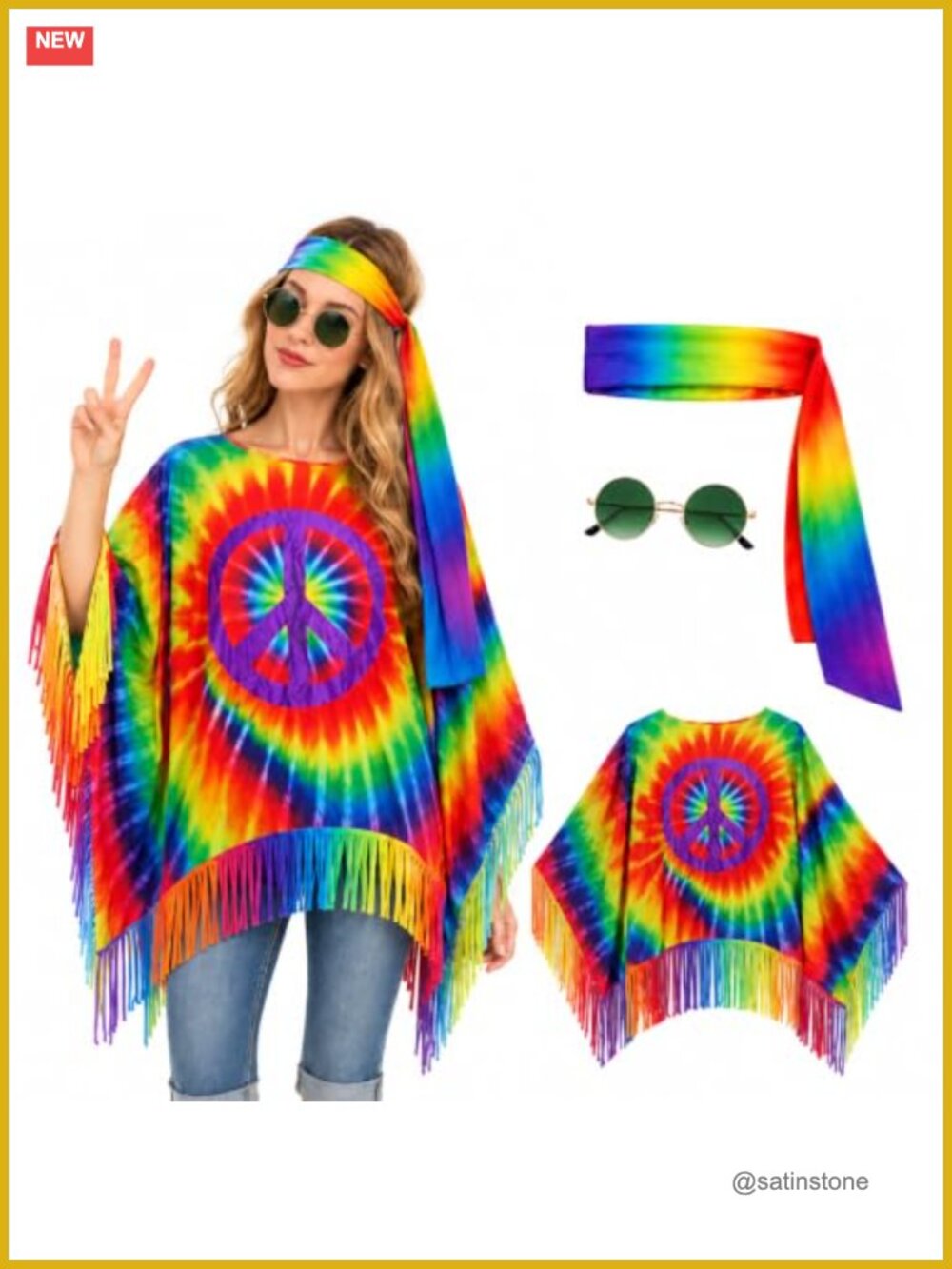 Hippie Costume Set 3 Piece Fringe Poncho Headband Sunglasses 60s 70s